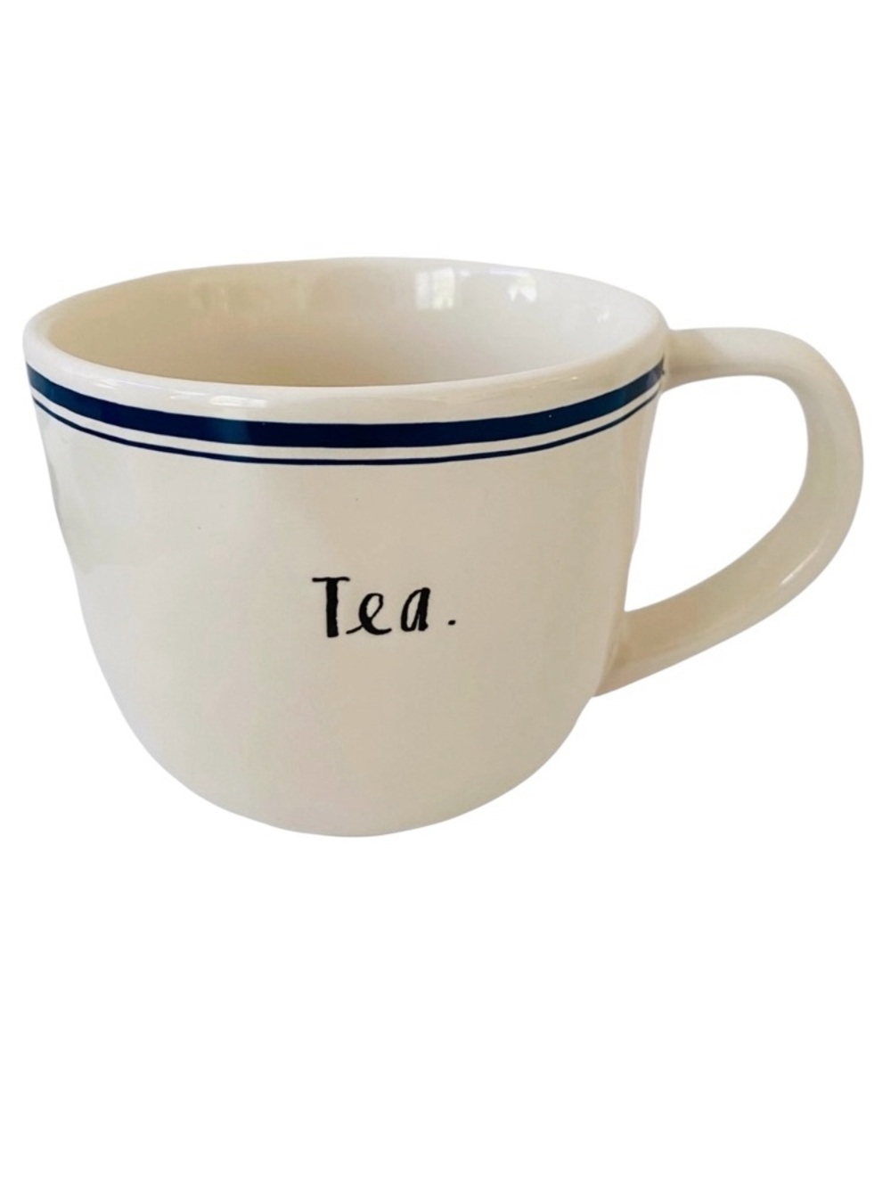 RAE DUNN Mug TEA Indigo Blue Stripe Oversized Stoneware Script Letters